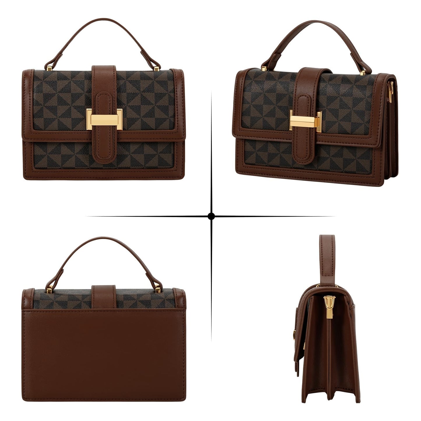 KKXIU Crossbody Bags for Women - Top Handle Purses for Lady, Leather Handbags Shoulder Clutch with Adjustable Shoulder Strap (Brown Checkered)