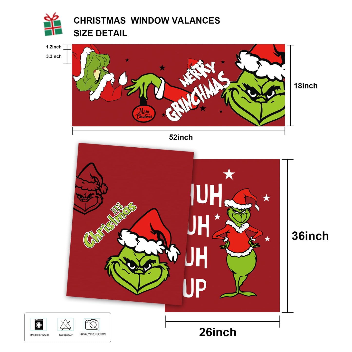 Cuteiush Christmas Valance Holiday Kitchen Curtain Small Window Valances with Rod Pocket Xmas Farmhouse Bathroom and Laundry Short Curtains Decoration 3 Panel Red Set 52Lx18W & 36Lx26Wx2