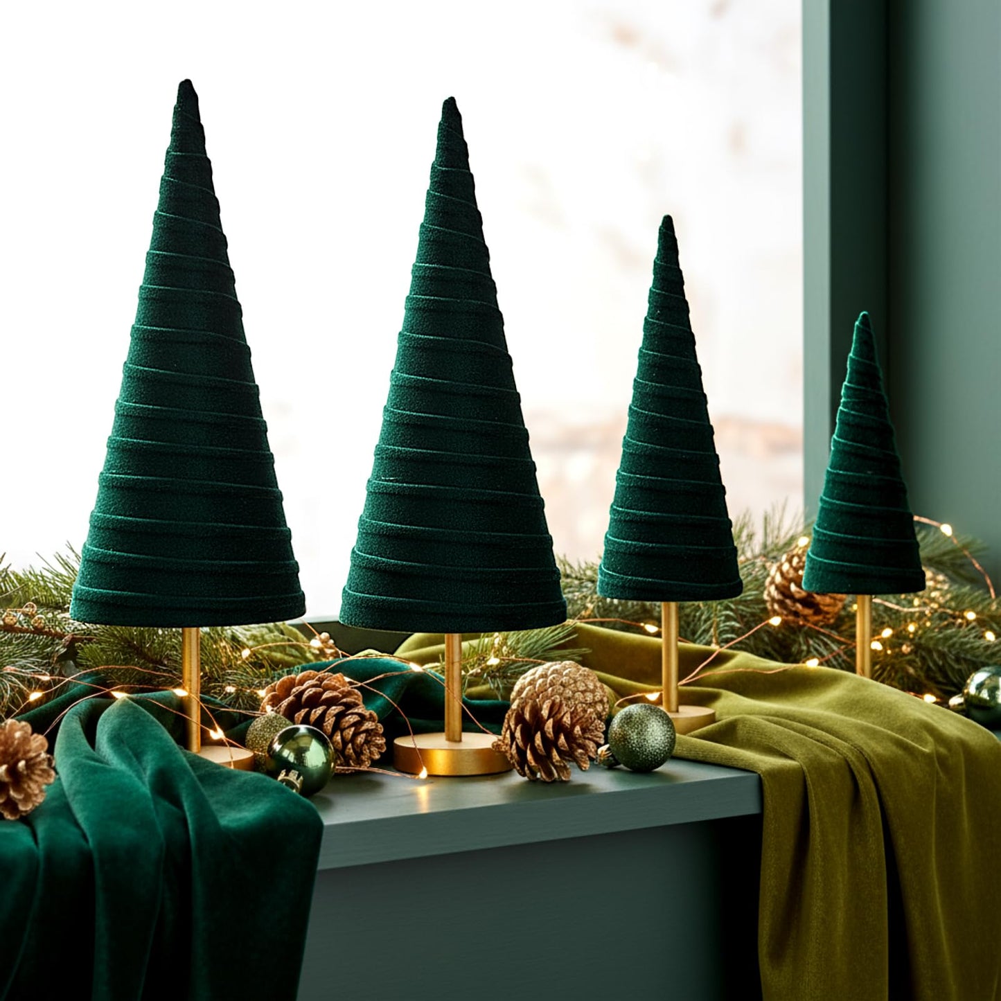 Hoolerry 4 Pcs Christmas Velvet Trees with Gold Pedestal Modern Rustic Christmas Velvet Cone Trees Minimalist for Mantel Table Centerpiece Entryway Home Winter Holiday Wedding Decor (Green)