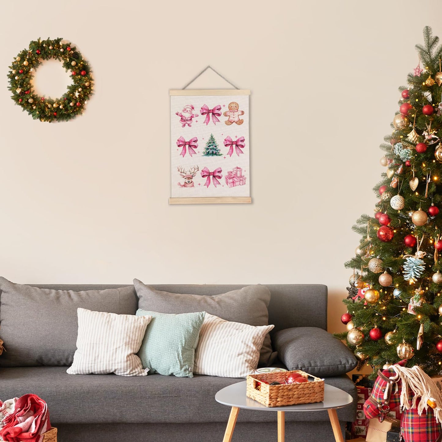 Coquette Pink Christmas Bow Gingerbread Wall Art, 12x16 Inch, With Wooden Poster Hanger for Home Office