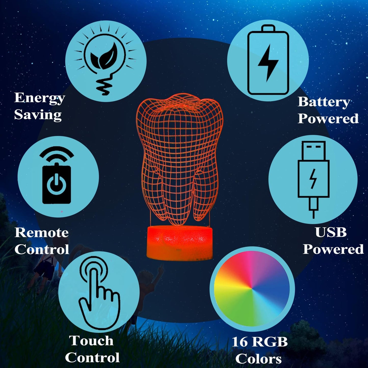 POSSHE Dental Gifts, 3D Tooth Night Light, 3D Illusion Lamp, 16 Colors Changing, Remote Control, Dimmable, Living Room Decoration, Xmas Tooth Model Gifts