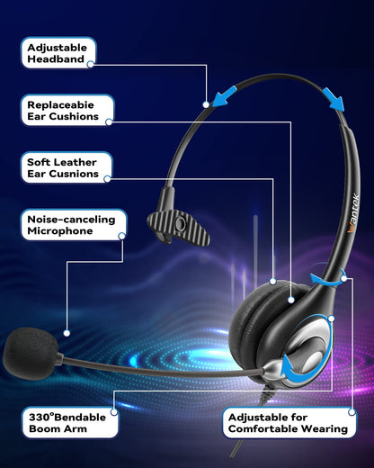 Wantek Corded USB Headsets Mono with Noise Cancelling Mic and in-line Controls, UC Business Headset for Skype, SoftPhone, Call Center, Crystal Clear Chat, Super Lightweight, Ultra Comfort (UC600)
