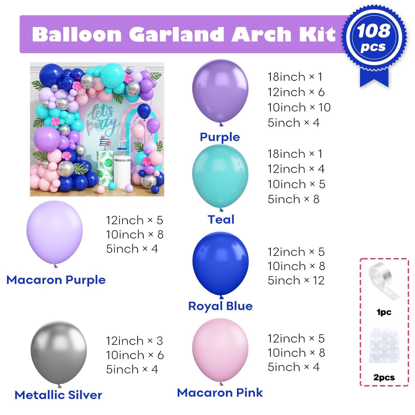 Blue Purple Balloon Arch Kit, 108 Pcs Macaron Purple Pink Blue Balloons Garland with Teal Royal Blue Metallic Silver Latex Balloons for Kids Hawaii Summer Theme Party Baby Shower Birthday Decoration