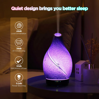 Essential Oil Diffuser Hand Blown Glass Aromatherapy Diffuser - Ultrasonic Cool Mist Scent Aroma Diffuser, Whisper Quiet with Auto Shut-Off, Timer Setting &7 Colors Night Light for Home