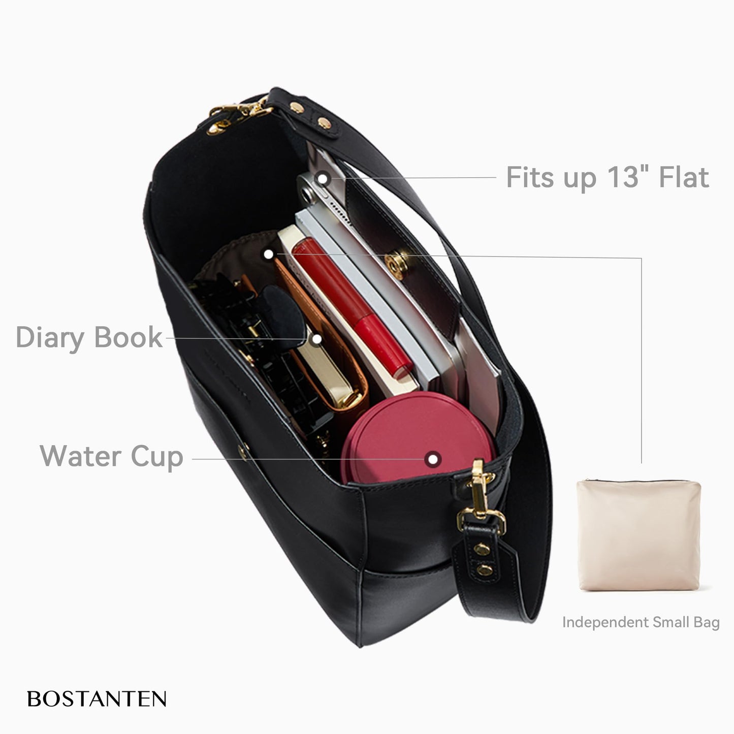 BOSTANTEN Women's Leather Designer Handbags Tote Purses Shoulder Bucket Bags with 2 Shoulder Strap, Black 9" L×5" W×12" H