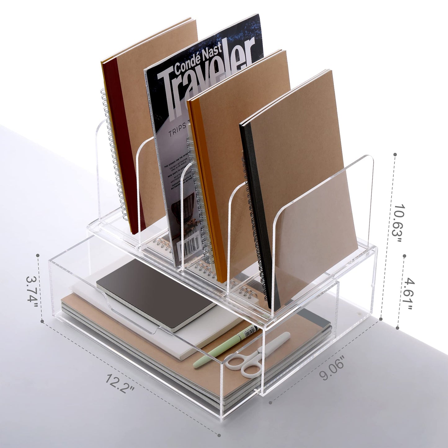HeZone Desk Organizers and Accessories, Acrylic Desk Organizer with Drawer, Office Supplies Organization Storage, Clear Acrylic File Organizer for Desk - 1 Pack
