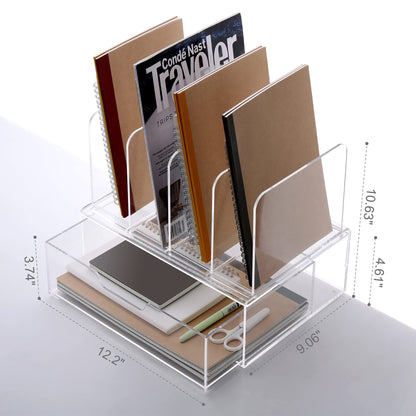 HeZone Desk Organizers and Accessories, Acrylic Desk Organizer with Drawer, Office Supplies Organization Storage, Clear Acrylic File Organizer for Desk - 1 Pack