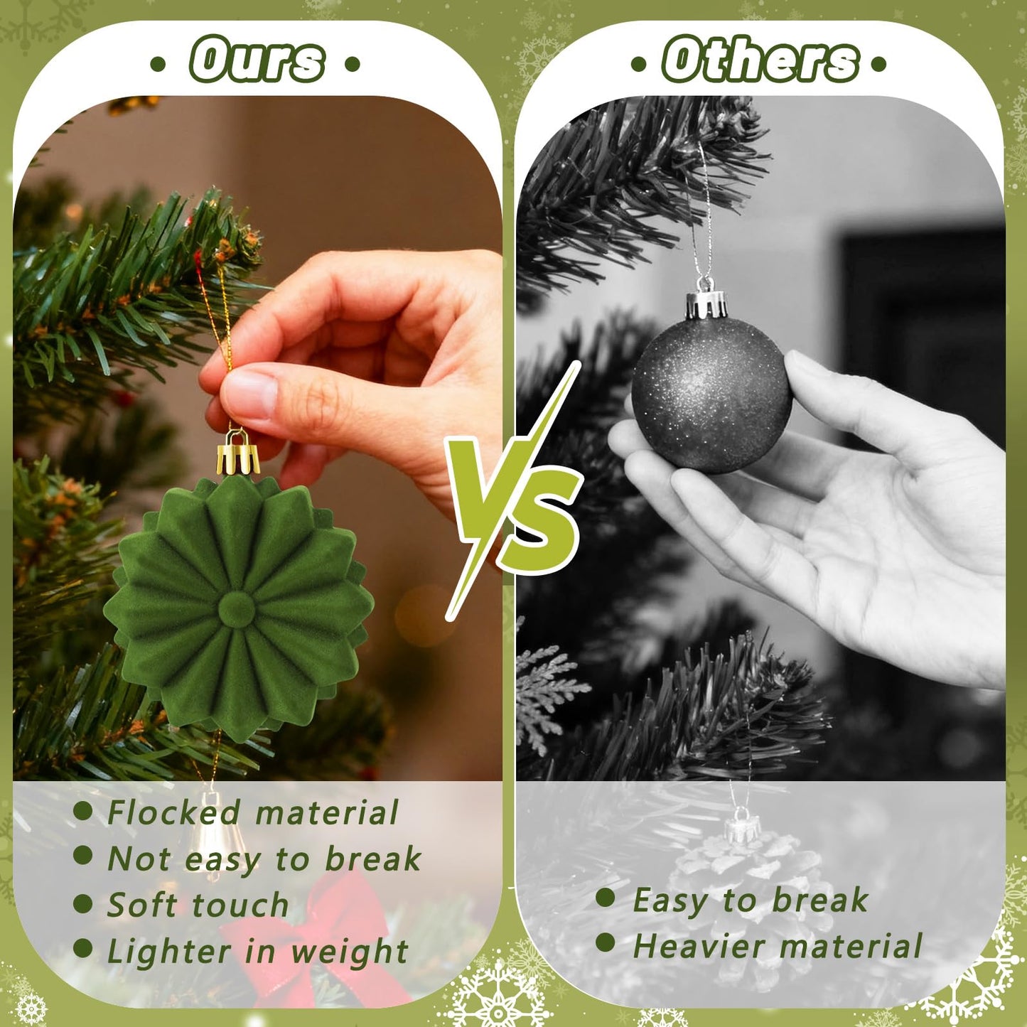 48 Pcs Velvet Christmas Ball Ornaments Set, Flocked Christmas Tree Ornaments, Shatterproof Hanging Xmas Balls Decorations for Christmas Tree Home Decor Holiday Wedding Party (Sage Green)