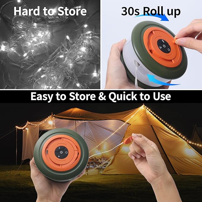 Camping String Lights, 3 in 1 Outdoor Camping Light with 6 Lighting Modes, Quick Storage 32.8FT Rechargeable Tent Lantern, Portable LED Hanging Light for Outdoor Patio Awning Garden Party