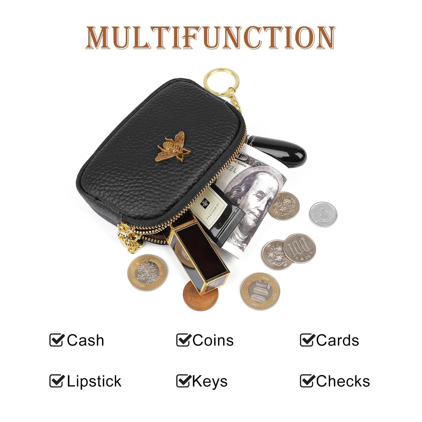 imeetu Women Leather Coin Purse, Small 2 Zippered Change Pouch Wallet(Copper Bee, Black)
