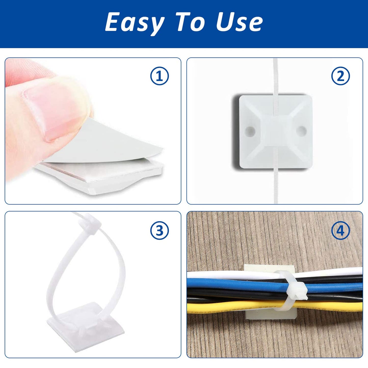 Strong Back-Glue Self Adhesive Cable Zip Tie Mounts Kit - 100 Set Cable Management Clips with 6" Zip Ties, Wire Holders - Outdoor Sticky Wire Organizer Clips - White