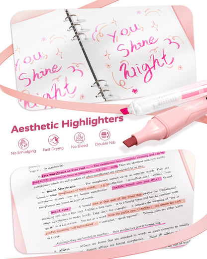 Four Candies Pink School Supplies with Case, Gel Pens with Black Ink, Correction Tapes, Pastel Highlighters, Mechanical Pencils, Sticky Notes, Index Post for Bible Study Stationary College Essentials