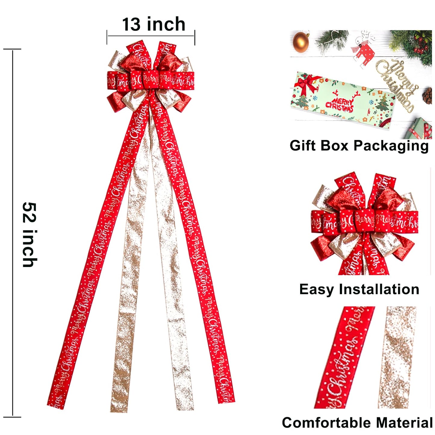 Christmas Tree Topper Bow Christmas Wreath Bow 52x13 Inches Large Burlap with White Red Polyester Edge Gift Bow for Xmas Tree Décor Christmas Home Indoor Outdoor Decoration