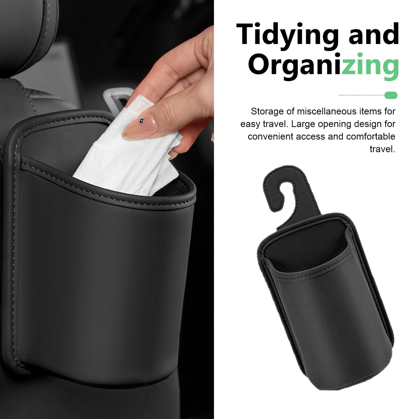 Heyzidu 2 PCS Leather Car Cup Holder, Spill-resistant Headrest Cup Organizer, Door Side Multi-functional Hooks Storage Bag for Water Bottles Phones Keys, Universal for Most Vehicles (Black)