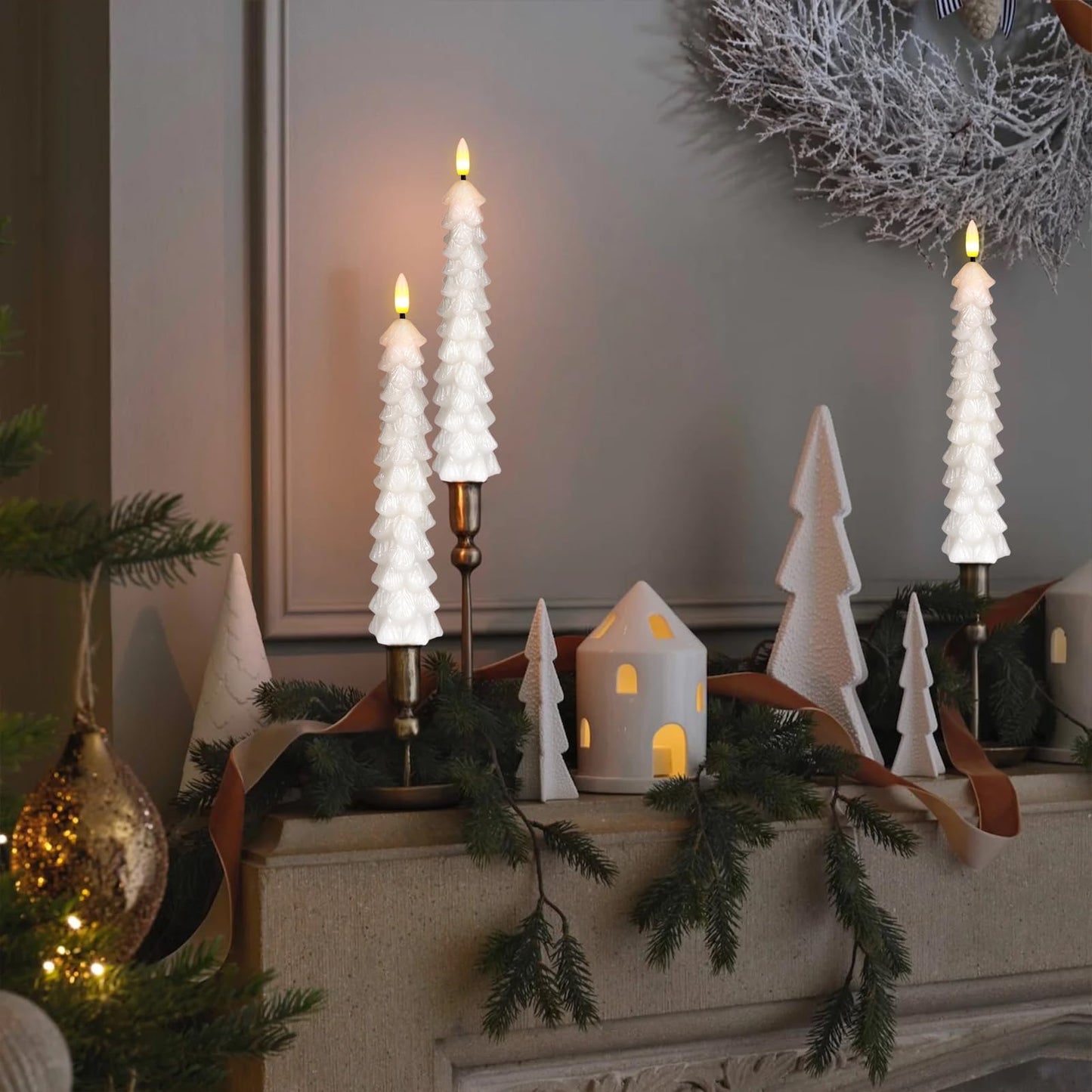 Lasumora Christmas Tree Candles with Remote Timer, 4 Pcs Waxy Flameless Taper Candles Flickering, Battery Operated LED Candlesticks with 3D Flame Wick, White Window Candle for Christmas Decorations