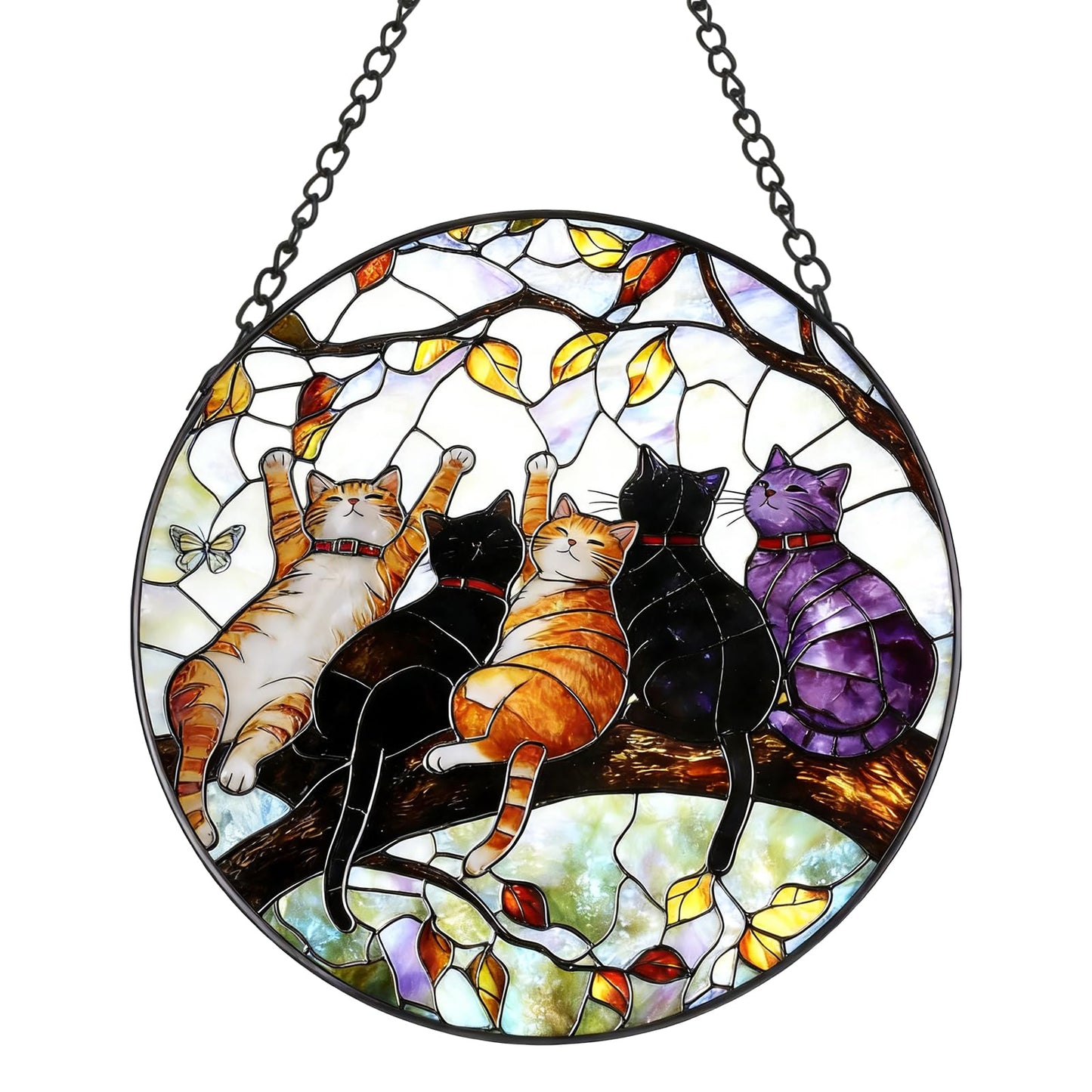 NGOKPYD Cat Stained Glass Window Hanging - 5 Happy Kittens on a Branch Suncatcher for Window Doors Home Decoration and Christmas, Mother's Day Birthday Gifts for Women Men Mom 6.3x6.3 inch