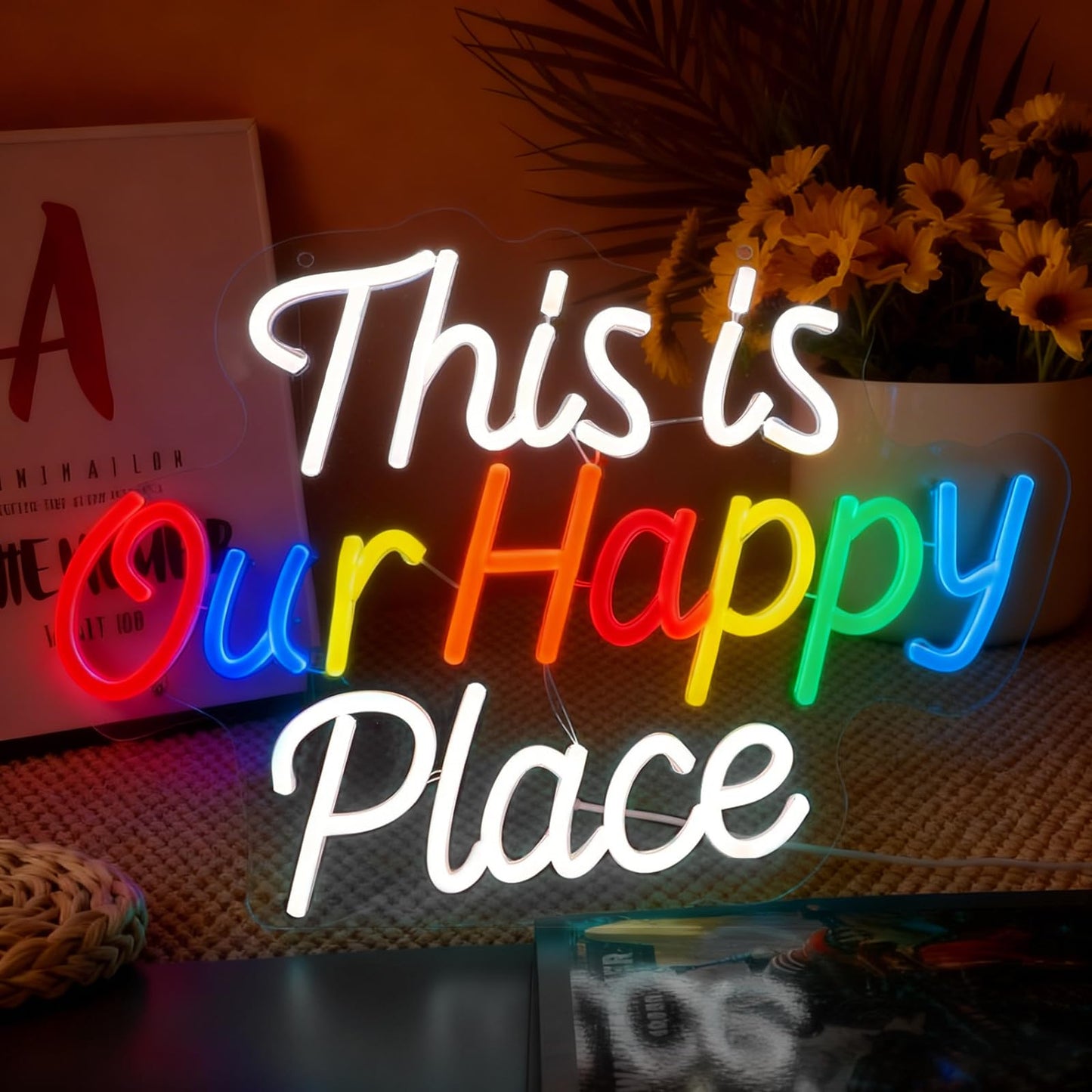 This is Our Happy Place Neon Sign, Letter Neon Signs for Wall Decor Dimmable Light up Sign, Classroom Wedding Kids Room Store Home Neon Decor 16.54 x 11.81 inch