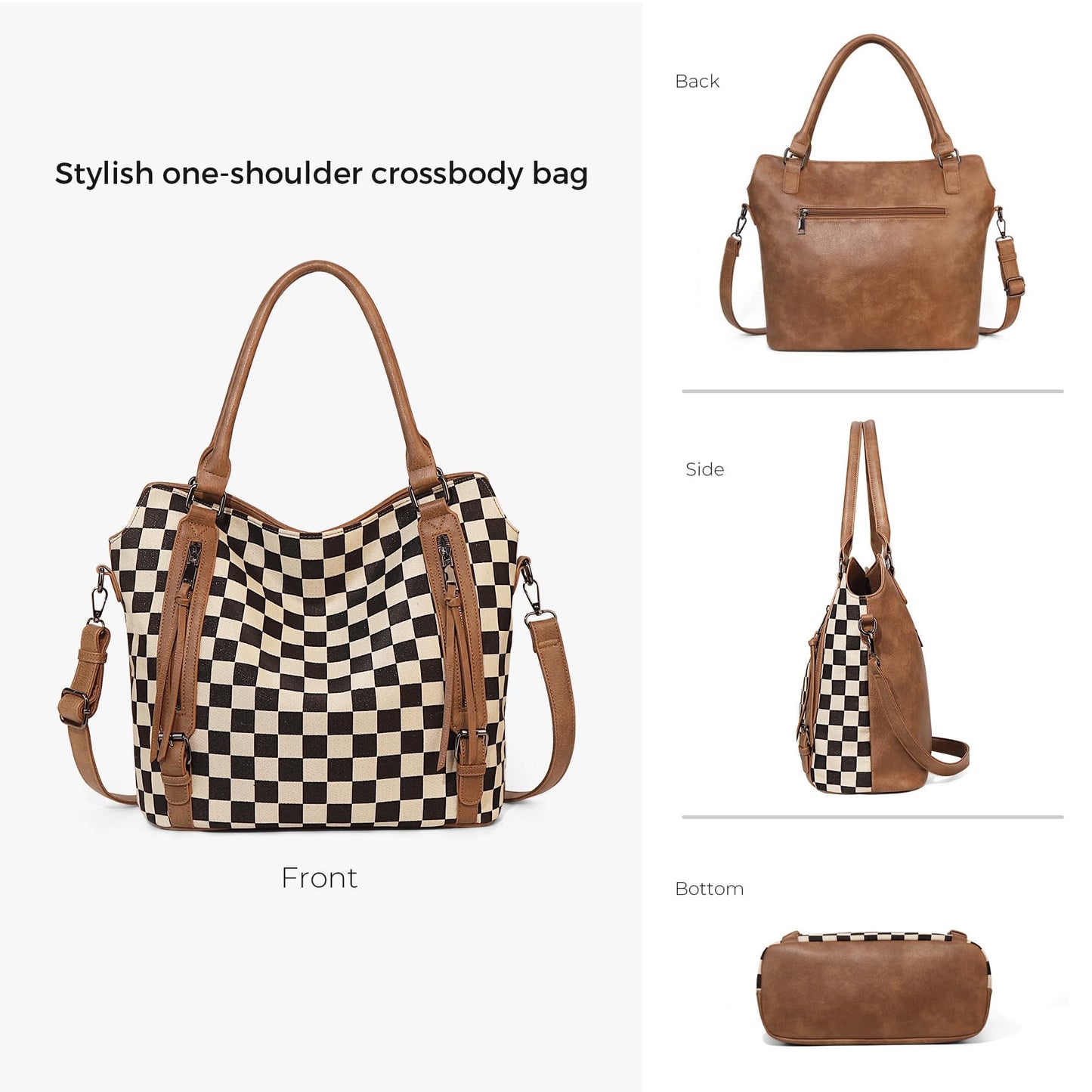 Duyijiff Checkered Tote Bag Large Checkered Purses for Women Plaid Hobo Shoulder Bag Multiple Pockets Tote Handbags (Brown)