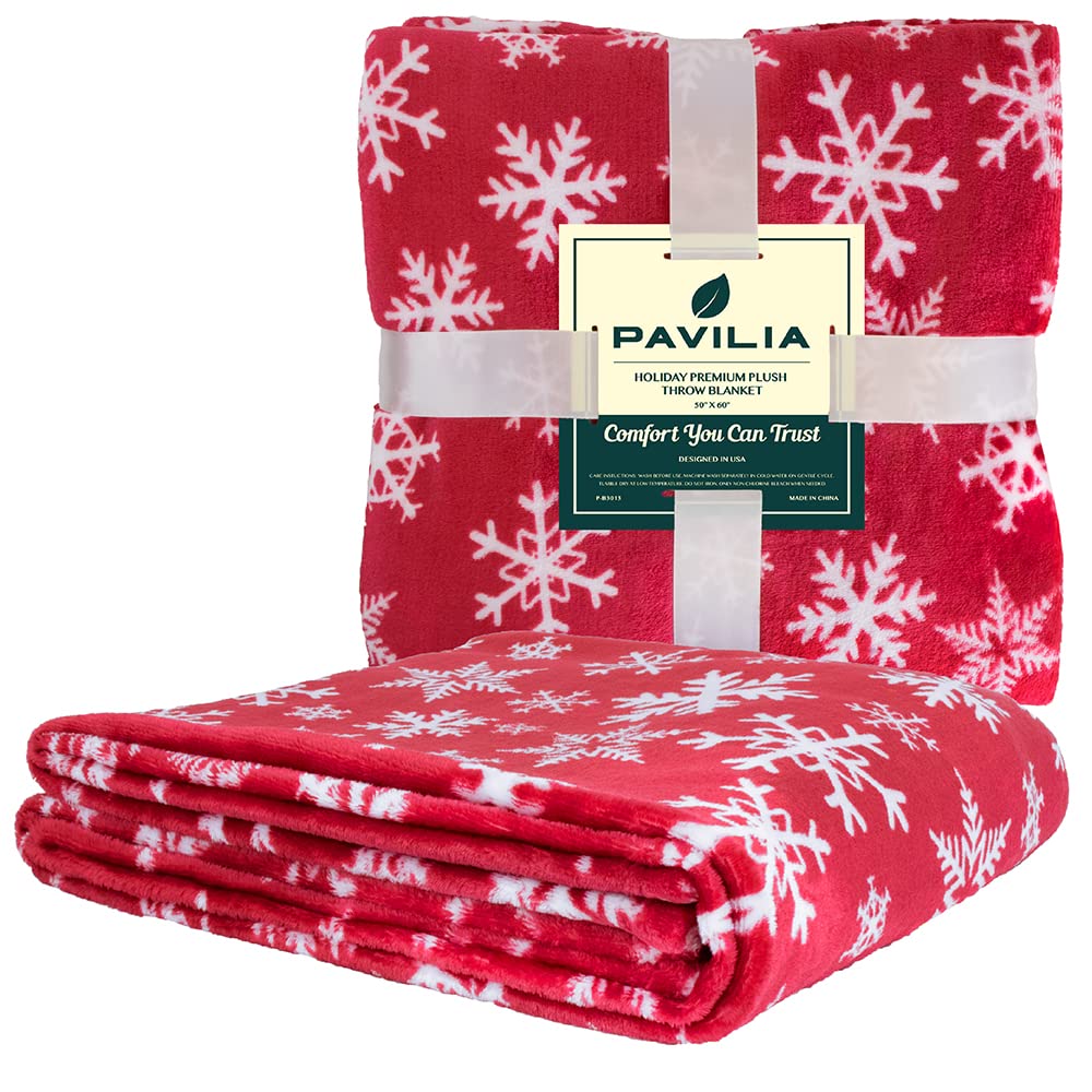 PAVILIA Christmas Throw Blanket | Red Snowflake Christmas Fleece Blanket | Soft, Plush, Warm Winter Cabin Throw, 50x60 (Red/White Snowflake)