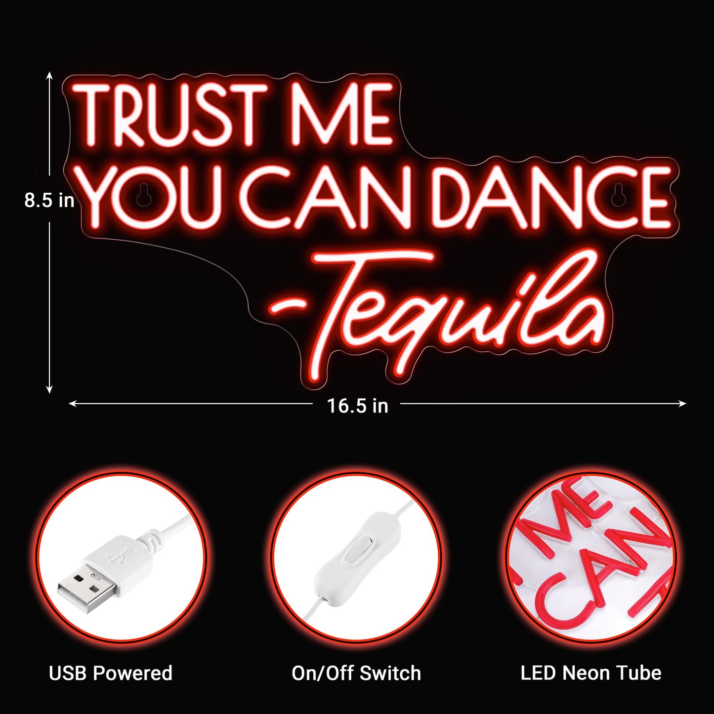 Kavaas Trust Me You Can Dance - Tequila Neon Sign, Neon Bar Signs for Home Bar Decor, Man Cave Pub Party - Best Gifts for Tequila Lover, Husband, Father, Birthday, Christmas