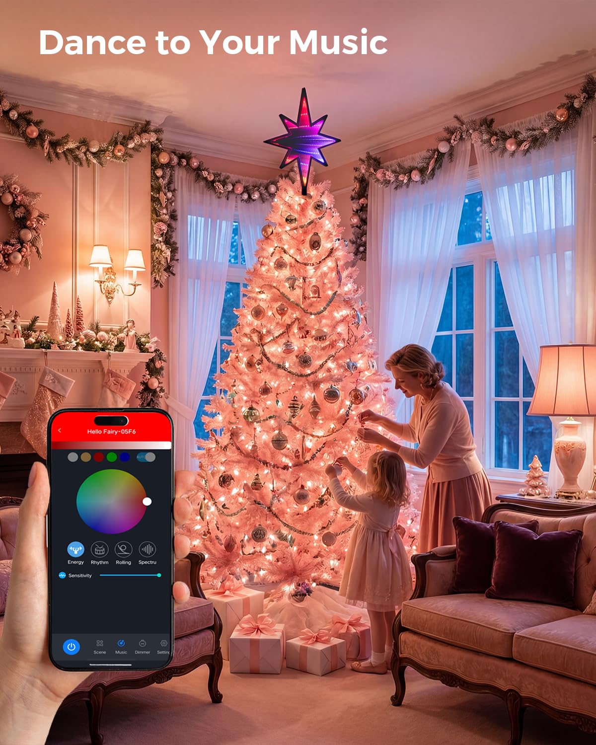 Smart Christmas Tree Topper Infinity Mirror Double-Sided, 11" RGB Star Tree Topper, Timer, App Control, USB Powered, Music Sync, Tree Topper for Indoor Party Holiday Decor