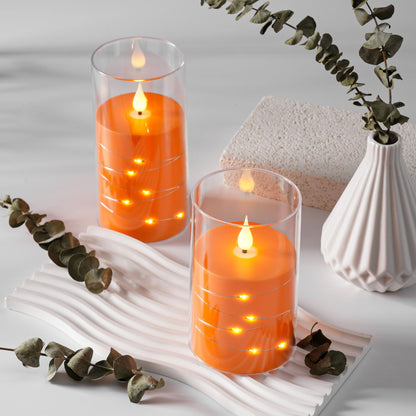 Da by 3 Pack Orange Transparent Acrylic Flameless Taper Candles, Flickering Black Wick LED Candles with Fairy String Lights, Heat Resistant ABS Candles with Remote for Indoor Outdoor Decor