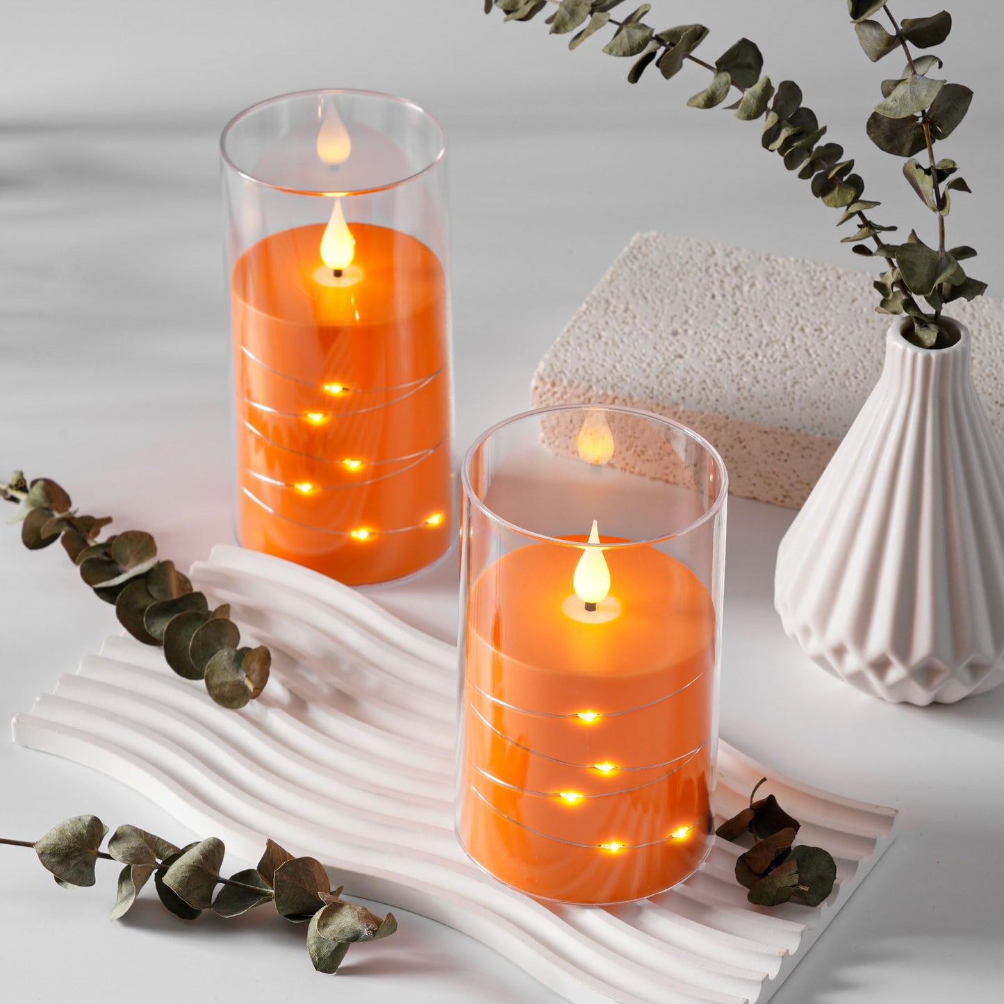 Da by Flickering Flameless Candles with Remote,Acrylic LED Candles with Embedded Star String,Battery Operated Candle, for Home and Holiday Decoration Set of 3（Orange） (Pack of 2)