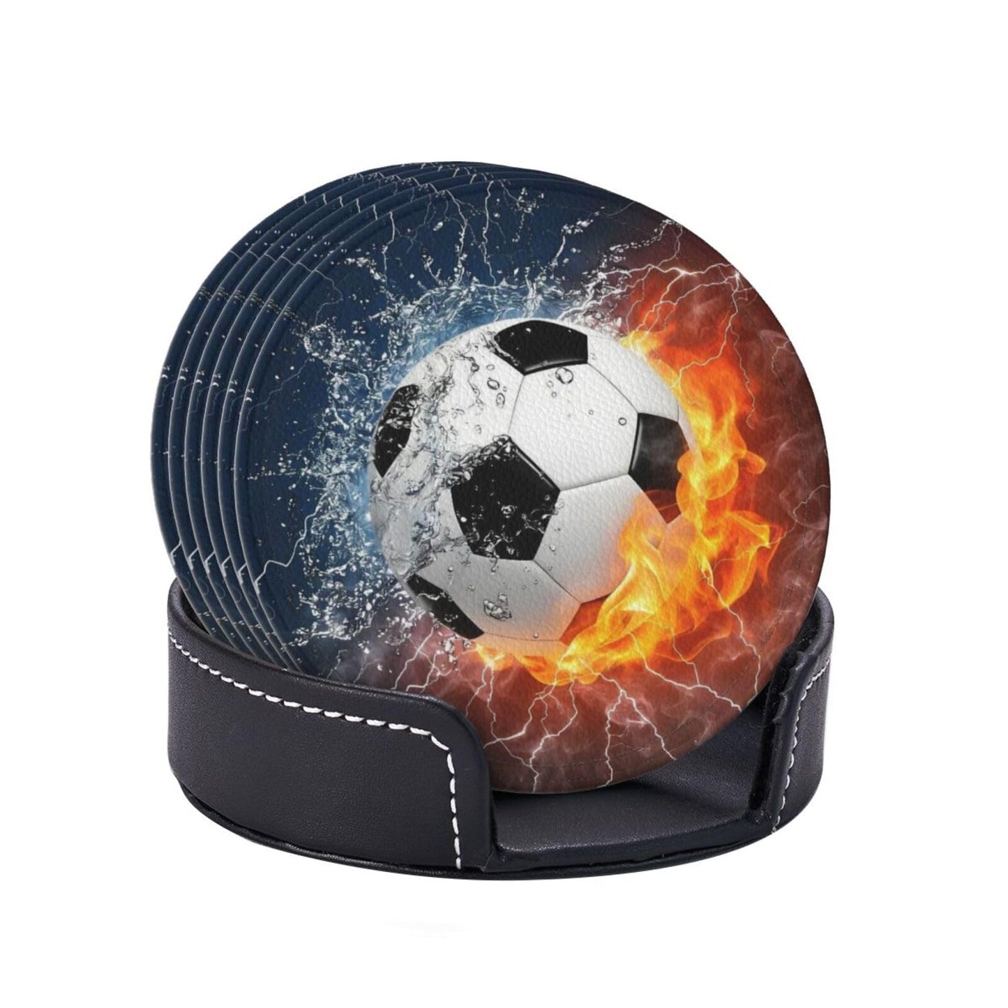 BOXIMIAO Drink Coasters with Holder Stand Set of 6, Soccer Fire Water Pu Leather Absorbent Coasters with Cork Base Table Coaster Round Coasters for Housewarming Apartment Kitchen Bar Decor