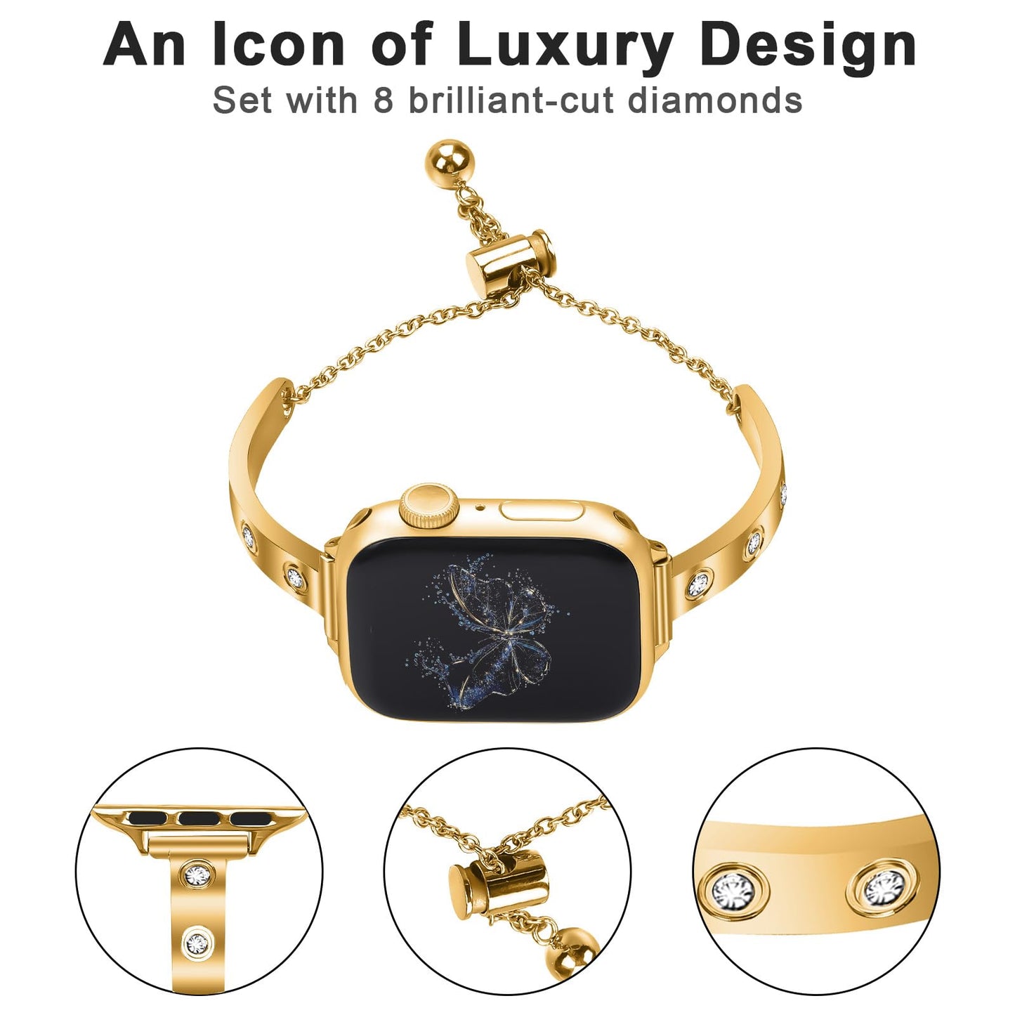 YouthRun Stainless Steel Band Compatible with Apple Watch 38mm 40mm 41mm 42mm 44mm 45mm 46mm 49mm Pretty Luxury Strap with Sparkle Diamond, Dressy iWatch Bracelet, Bling Thin Band for Women (Gold)