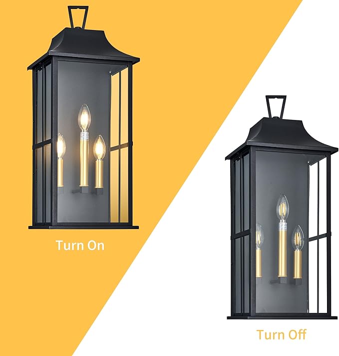 Outdoor Wall Lantern 3-Light, 25 "Large Outside Wall Sconce, Modern Black Wall Light Fixture with Glass, Waterproof Exterior Lamp for House, Porch, Garage,Bulbs Not Included