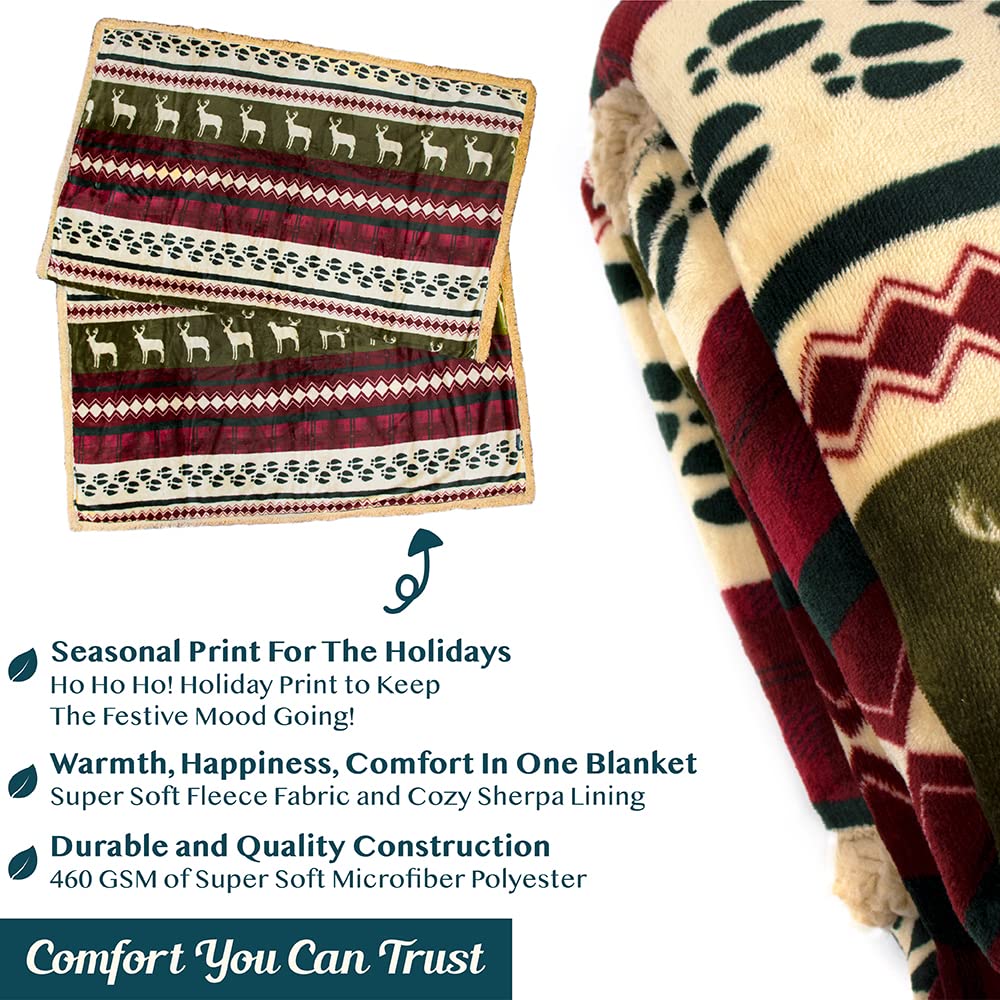 PAVILIA Premium Christmas Sherpa Throw Blanket, Green Red Cabin Design with Reindeer Print, Ultra Soft Reversible Fleece & Sherpa 50x60 Cozy Winter Blanket, Cozy Christmas & Holiday Decor