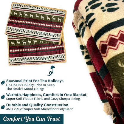 PAVILIA Premium Christmas Sherpa Throw Blanket, Green Red Cabin Design with Reindeer Print, Ultra Soft Reversible Fleece & Sherpa 50x60 Cozy Winter Blanket, Cozy Christmas & Holiday Decor