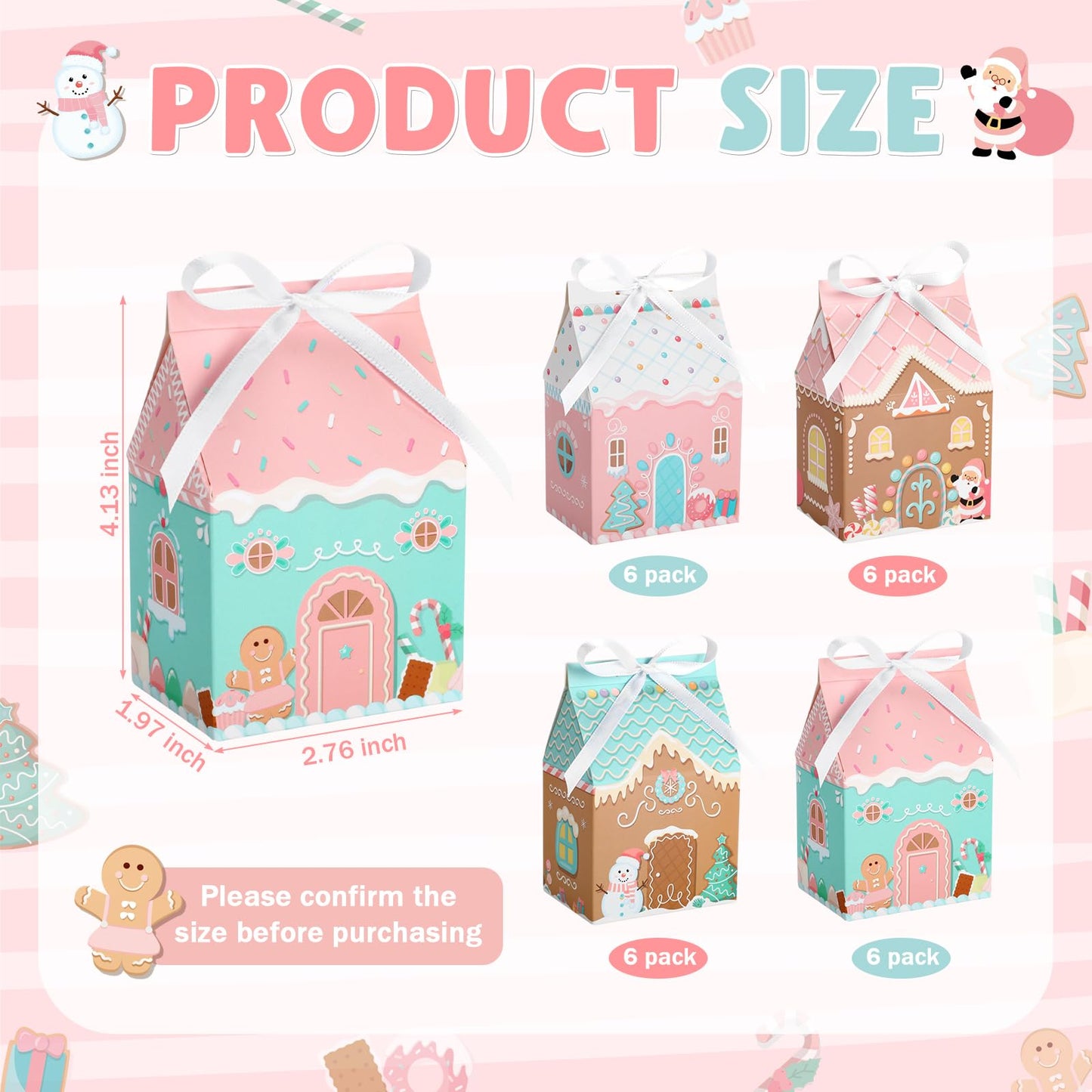 Kritkin 24 Pcs Small Pink Gingerbread House Gift Boxes with Ribbon Mini Christmas Gingerbread House Boxes for Mini Cookie Container Snacks Macaron Candy Dessert Wrapping Holiday Gifts Giving