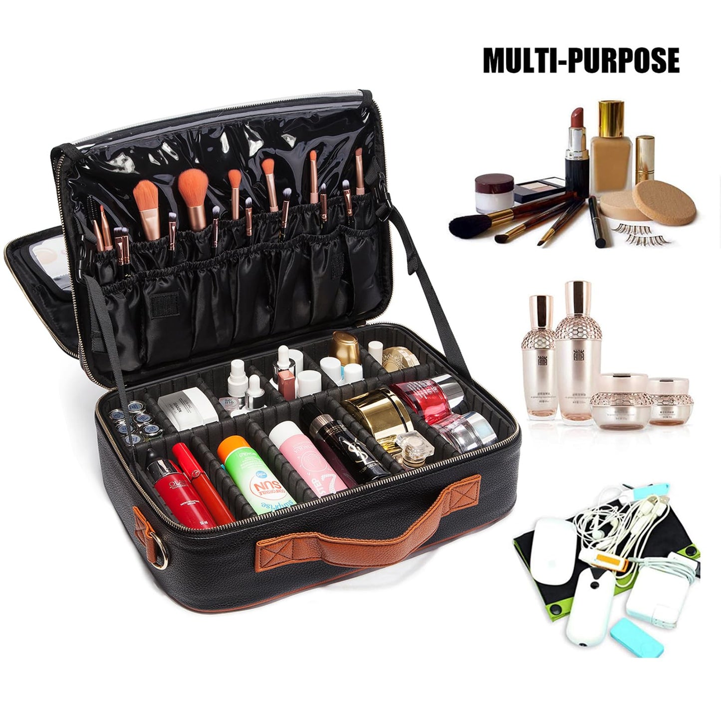 EKERHO Large Travel Makeup bag, Leather Artist Makeup Train Case Cosmetic Storage Organizer Box with Adjustable Dividers for Makeup Brushes Toiletry - Black