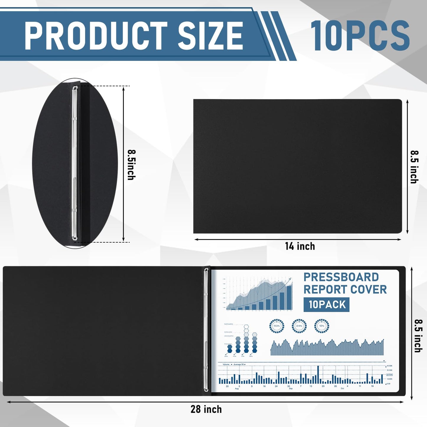 Resurhang 10 Pcs 14x9 Inch Pressboard Report Cover, 3" Capacity Presentation Binder Folder with Metal Prong Paper Fastener to Neatly Bind Reports Proposals Transcripts, Other Documents (Black)