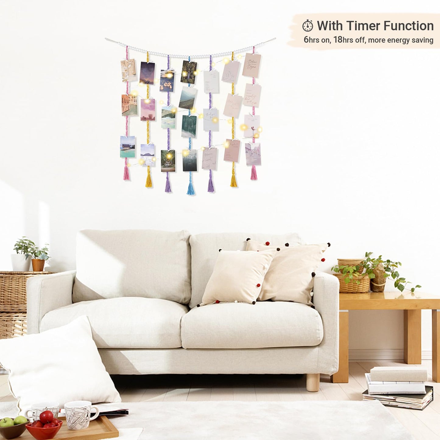Mkono Macrame Hanging Photo Display Wall Decor with String Lights, Boho Wooden Beads Garland Collage Picture Card Frame Holder with 45 Clips for Bedroom Living Room Dorm, Teen Girls Gifts