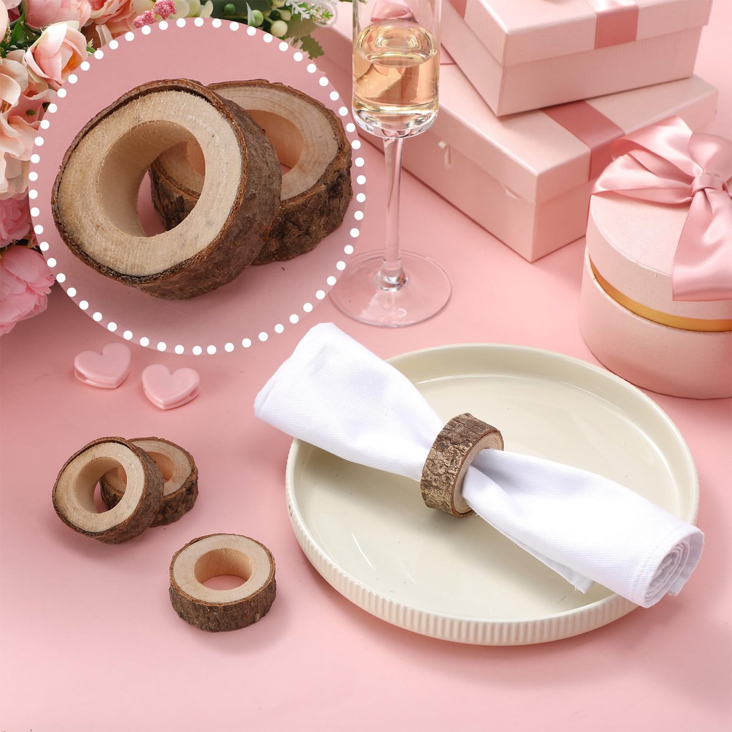 Tessco of Fun Set of 24 Wooden Bark Napkin Ring Handcrafted Wooden Napkin Holder Rustic Napkin Rings Buckles Party Gift Farmhouse Table Decoration for Dining Wedding Birthday, Everyday