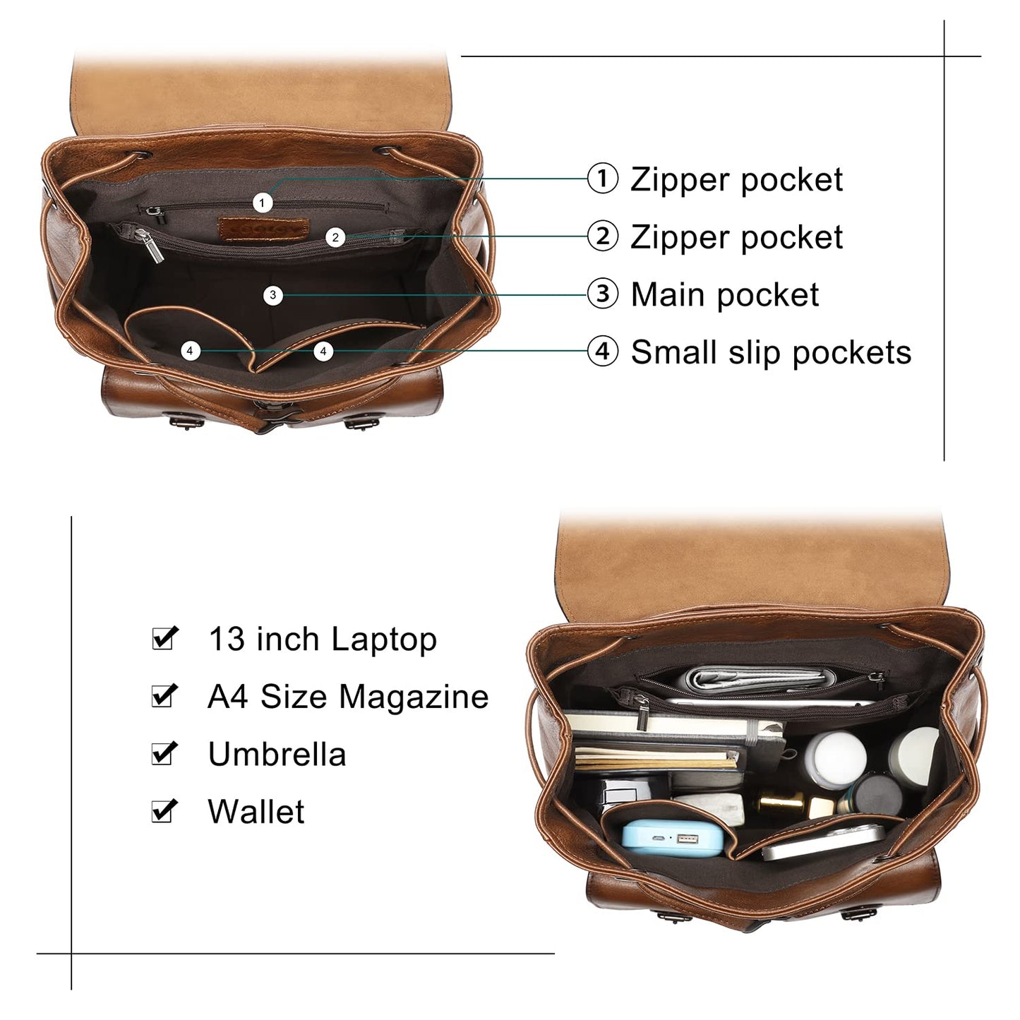 COOLCY Women Vintage Genuine Leather Backpack Purse Fashion Rucksack Practical and Stylish Retro Daypack Bag (Brown)