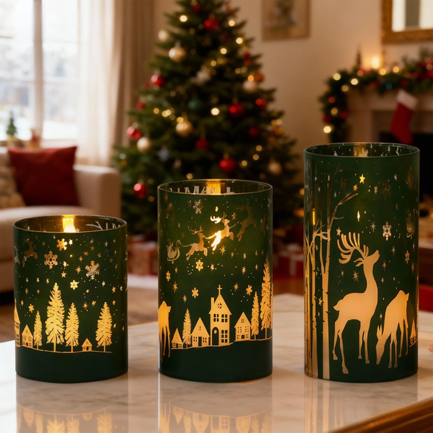 DRomance Christmas Flameless Candles Battery Operated with 10-Key Remote and Timer 3D Wick Flickering Electroplating Glass Reideer LED Candles Indoor Holiday Decorations(Green, 3" D x 4", 5", 6" H)