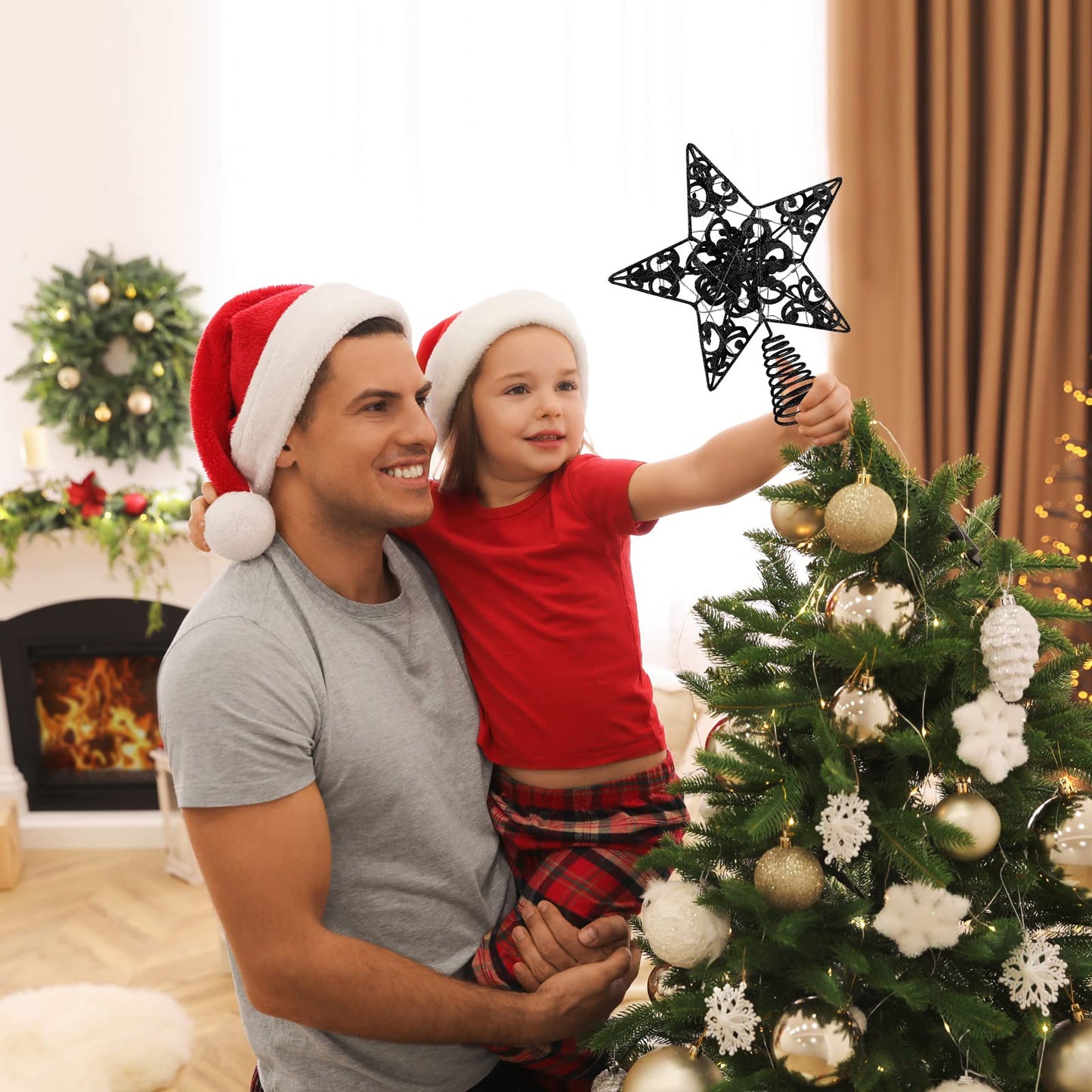 MCEAST Glittered Christmas Tree Topper with LED Lights 10 Inches Light Up Star Treetop for Indoor Outdoor Christmas Tree Decoration, Black