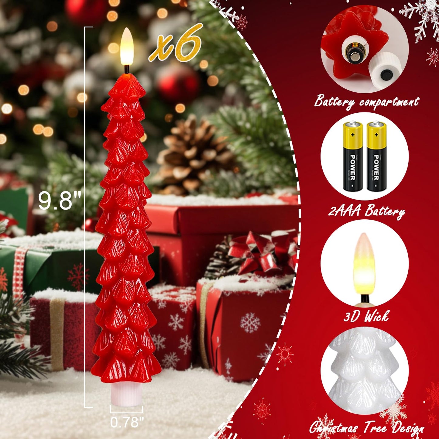 KunSwenn Christmas Tree Candles, Red Christmas Taper Candles, Set of 6 Real Wax LED Flameless Taper Candle, 9.8 Inch LED Tree Candlesticks for Xmas Home Decor