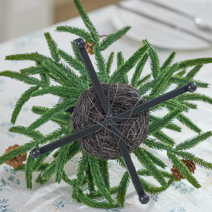 Heleze Christmas Candle Holder Set of 3, Black Iron Candle Tray Holders with Norfolk Pine Pinecones, 7.1 Inch Decorative Metal Stand for Table Centerpiece Mantle Xmas Decor