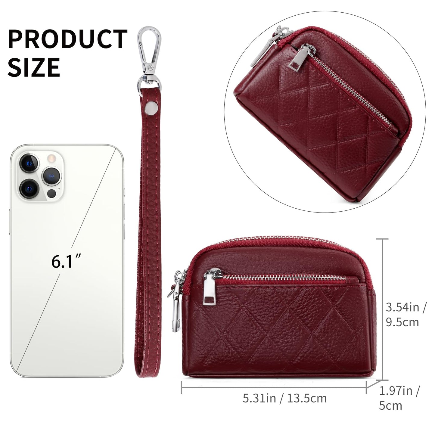 SENDEFN Women's Coin Purse Genuine Leather Wallet 3 Zippers Change Pouch with Wristlet