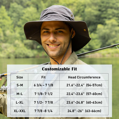 Comhats UPF 50 Sun Hats Wide Brim Summer Safari Hat Fishing Hiking Boonie Hats for Men Chin Strap Waterproof Black Medium Large