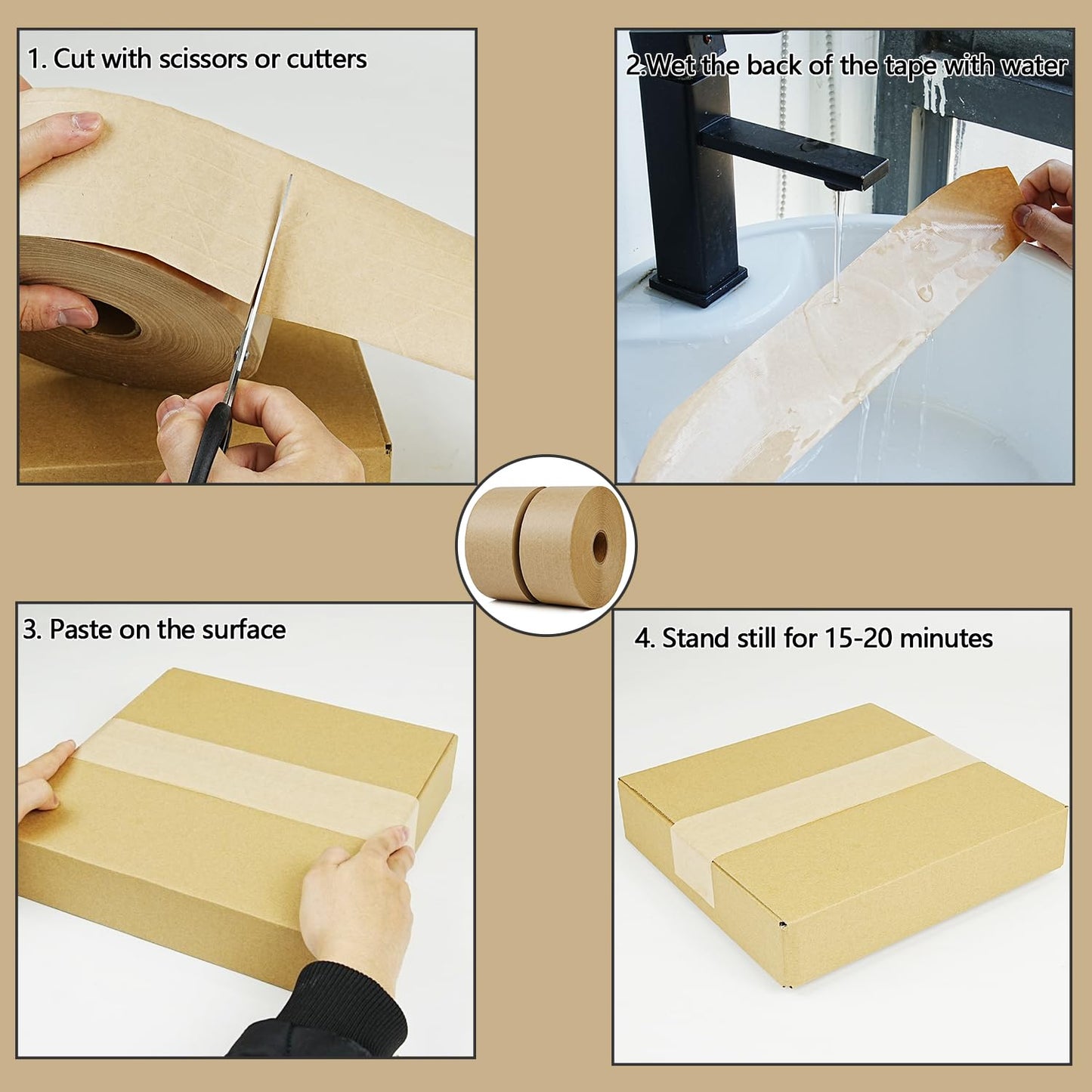 CHUANGSEED 2-Pack Reinforced Water Activated Gummed Kraft Paper Tape, 2.75 inch x 380 ft, Total 760ft,for Heavy Duty Secure Packing and Shipping Writable Eco-Friendly Biodegradable