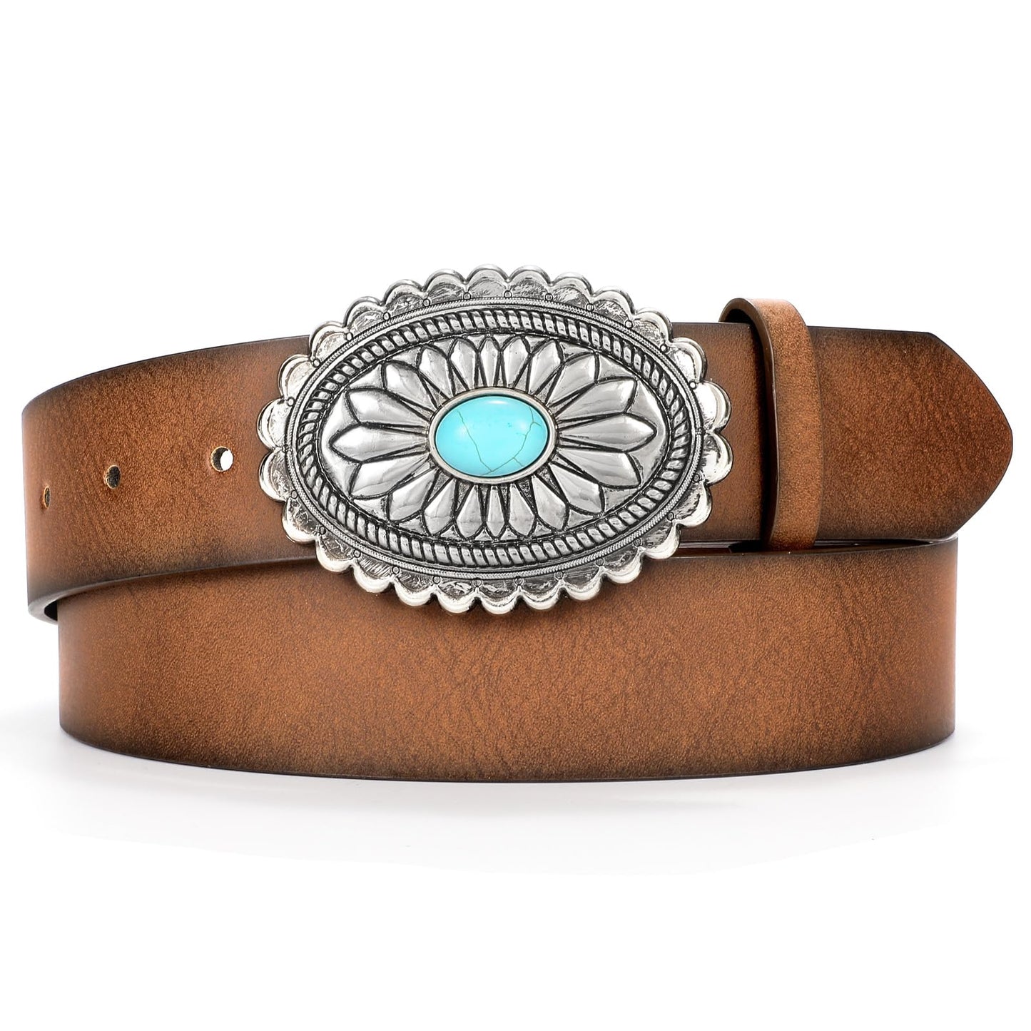 XZQTIVE Women Western Leather Belt Vintage Country Belts For Cowgirl Jeans Dresses Ladies Concho Belt With Turquoise Buckle