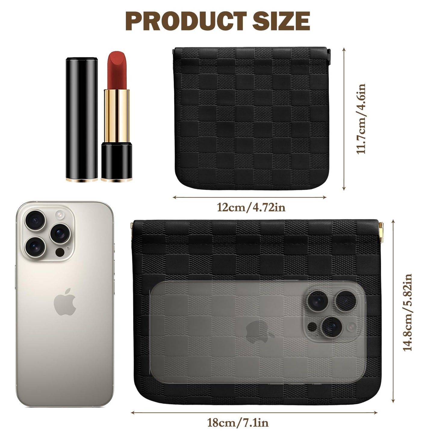 Tiltol 2 PCS Ladies Small Makeup Bag for Purse,Coin Purse Lipstick Cosmetic Accessories Organizer,Travel Pouch,Waterproof No Zipper Self-closing Small Makeup Pouch (Checkered Black)