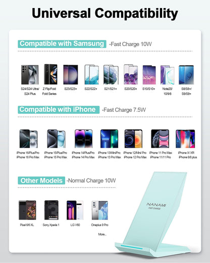 Fast Wireless Charger, NANAMI 15W Qi Certified Wireless Charging Stand Compatible iPhone 17/17 Air/16/15/15 Pro/15 Plus/15 Pro Max/14/13/12, for Samsung Galaxy S25/S24/S23/S22/S21 and Qi-Enabled Phone