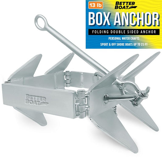 Better Boat 13lb Box Anchor for Boats up to 21ft, Folding Boat Anchor Hot Dip Galvanized, Double Sided Slide Anchor for Pontoon and Fishing Boats, Collapsible