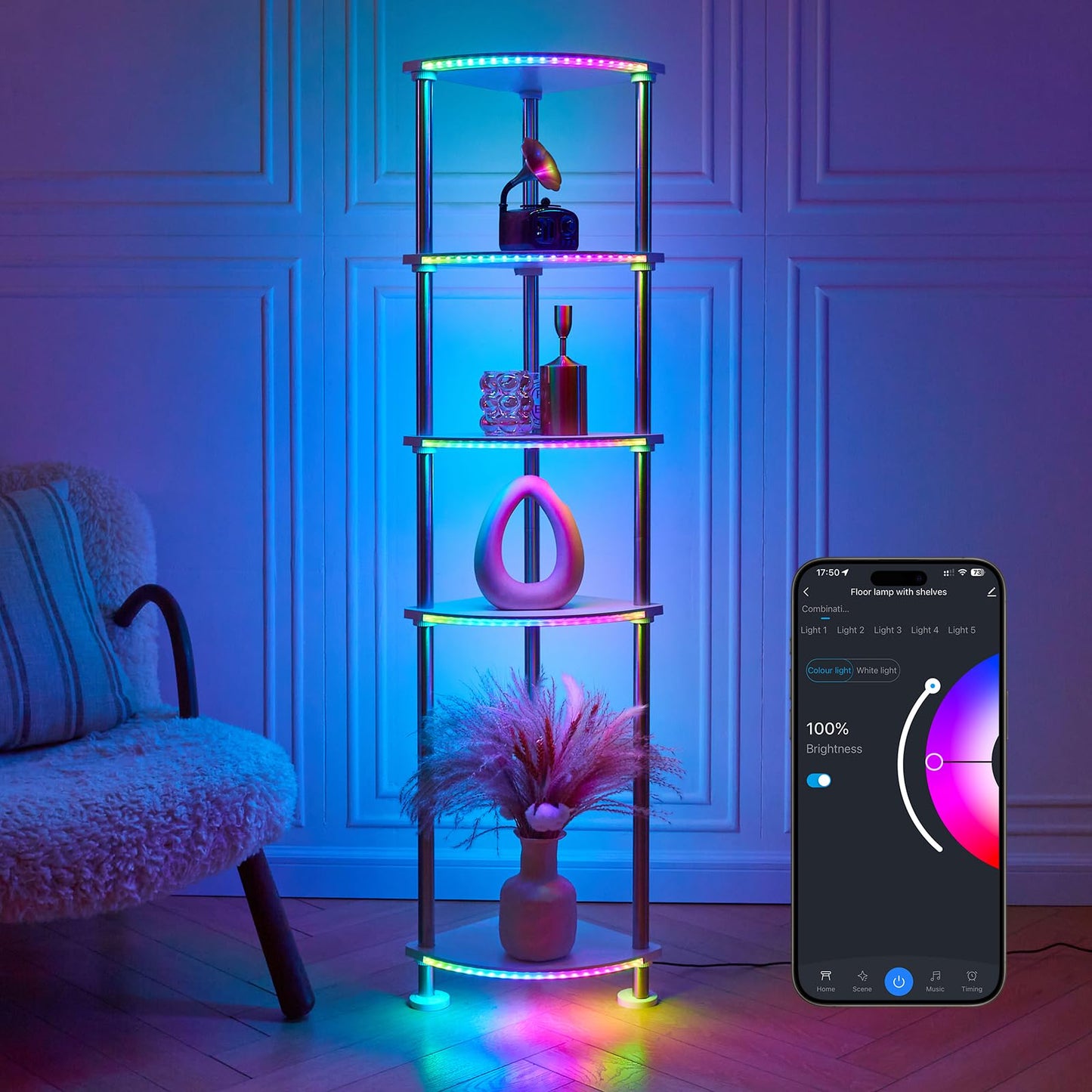 HOPEDAMAI Floor Lamp with Shelves Height Adjustable Music Sync LED Corner Floor Lamp with Charging Stationl Dimmable and Timing RGB Standing Lamp for Christmas Gifts White 5-Tier